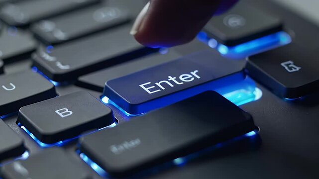 a focused 4K animation showing round blue Enter key training icon computer keyboard ideal illustrating modern online education security access e learning interface