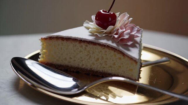 a slice decadent cake cherry floral toppings sits elegantly golden plate silver spoon ideal gourmet dessert promos celebration es touch