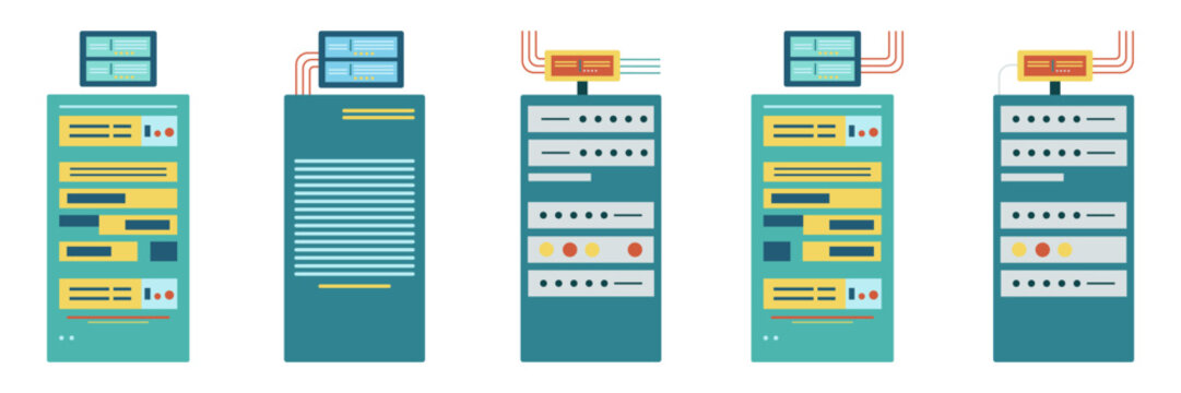 Flat Illustration Set of Data Servers and Network Equipment in Racks