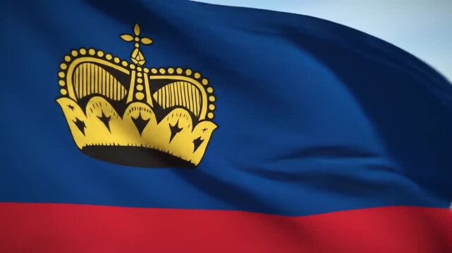 A vibrant flag with blue and red fields, adorned with a golden crown. The fabric billows gently, creating a sense of movement in the air