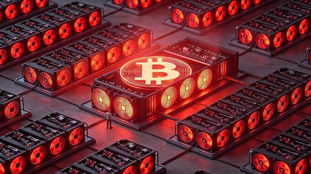 Bitcoin mining rig setup with glowing fans
