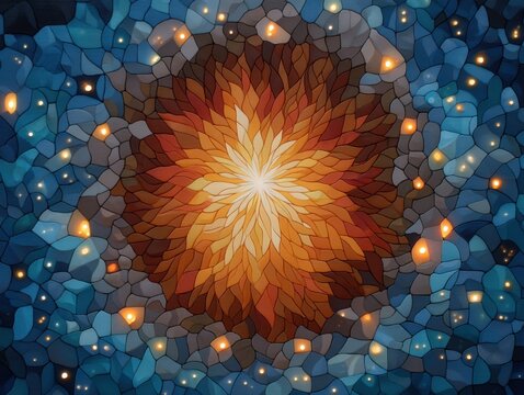 Stained Glass Style Floral Illustration with Warm Glowing Center