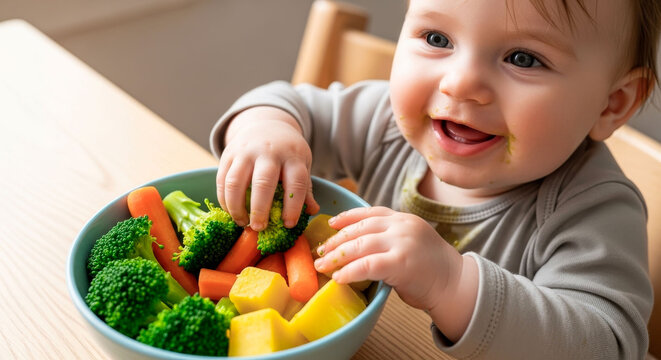 Infant with soft steamed vegetables Baby eating healthy broccoli and carrot pieces in bowl. Relevant for baby led weaning guides, pediatric nutrition content and family lifestyle themes.