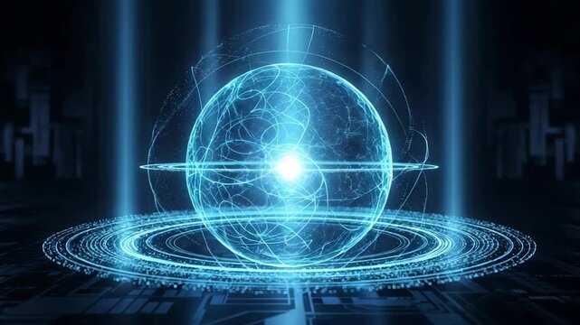 Bright energy ball suspended above a complex glowing platform in a dark space for advanced technical and scientific marketing.