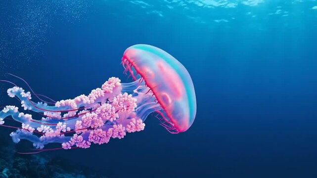 Vibrant glowing jellyfish with colorful tentacles swimming in deep blue ocean