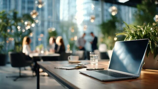 Modern Office Workspace: An open laptop sits on a sleek wooden desk, beside a glass of water and a cup of coffee, set in a modern office space, hinting at the bustling work environment beyond.