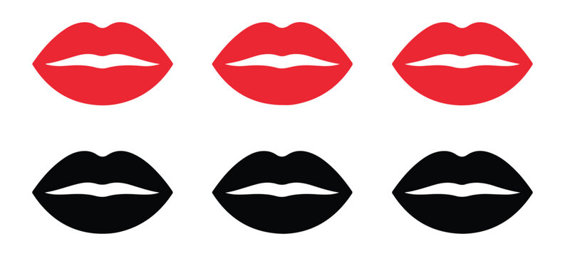 Set of red and black lips vector icons, various closed mouth shapes for beauty and fashion designs