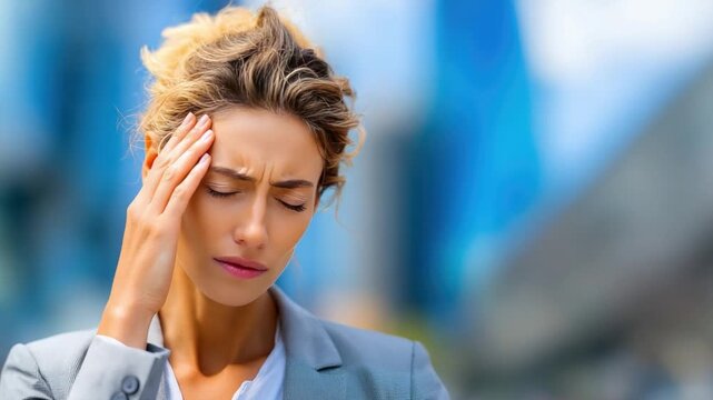 Headache Agony: A distressed person, her eyes shut, clutches her temple, portraying the deep pain of a throbbing headache, a relatable depiction of discomfort and suffering.