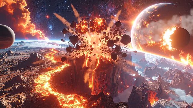 distruzione in uno spazio cosmico di fantasia, con asteroidi e pianeti che si schiantano l'uno contro l'altro o sulla loro superficie