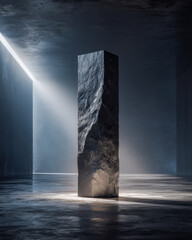 Naklejka premium Massive obsidian column in dim minimalist room, abstract symbol of strength and support