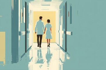 Fototapeta premium 2D vector art of a doctor and a nurse walking in a hospital corridor