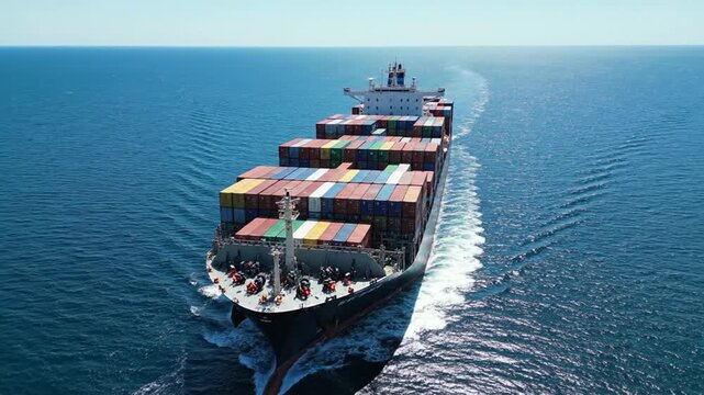Large container ship sailing on blue ocean leaving wake