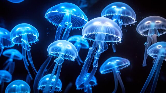 meduse di colore blu e bioluminescenti che nuotano lentamente negli abissi oscuri dell'oceano