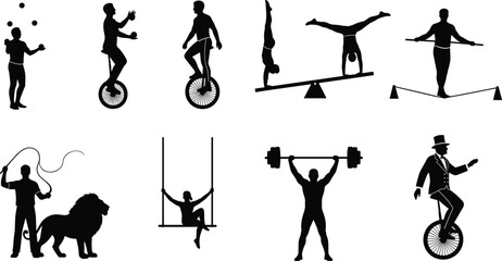  Circus performers black silhouette collection including juggler, unicycle riders, tightrope walker, lion tamer, strongman, trapeze artist, and acrobats on white background. © Shahanaj