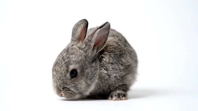 A small grey rabbit sits on a white background, captured from the side. Soft fur detailed