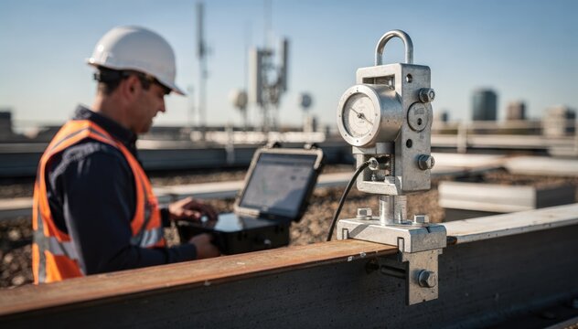 Structural load test setup on commercial rooftop with engineer observing monitoring screen clear focus on deflection gauge with blurred antenna and sky.
