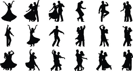 Black silhouette collection of ballroom dancers featuring elegant couples dancing waltz, tango, and salsa in various romantic and athletic poses.