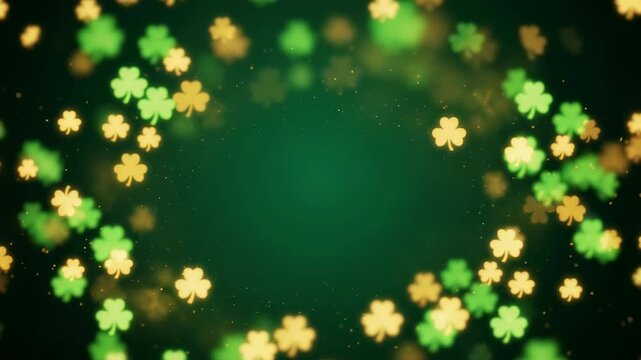 Saint Patrick's Day Swirling clovers in green and gold hues on a dark background, creating a vibrant and festive visual ideal for St. Patrick's Day celebrations