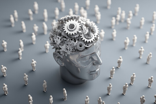 A metallic sculpted head filled with intricate gears stands among surrounding miniature figures.
