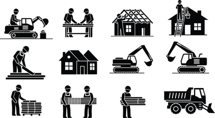Construction worker and heavy equipment silhouette set isolated on white background, building process icons featuring excavator, house framing, roofing, paving, and transportation concept © parves's world