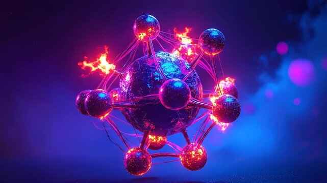 raffigurazione  tridimensionale di una molecola e dei suoi atomi dalle sfumature di rosso, che galleggia in un ambiente vuoto, buio e di colore blu