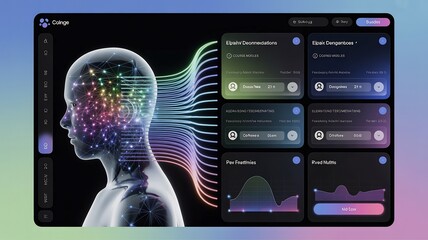 Futuristic Brain Interface on Computer Screen with Rainbow Lines