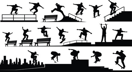 Black silhouette collection of skateboarders performing tricks on ramps, benches, stairs, and city streets featuring various jumps, grinds, and flips. © Shahanaj