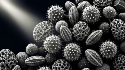 Naklejka premium Microscopic view of diverse fungal spores and pollen grains