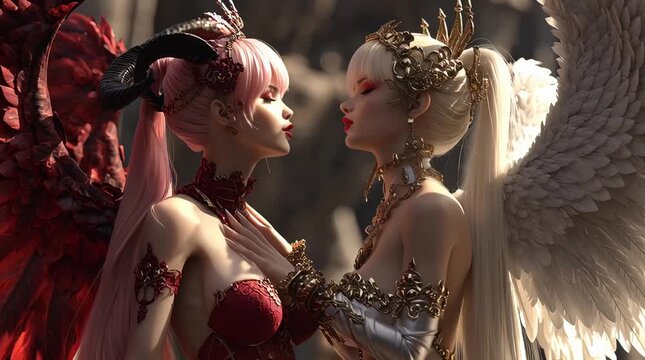 3D Animation of Busty Anime Devil and Angel Woman in Good and Evil Concept