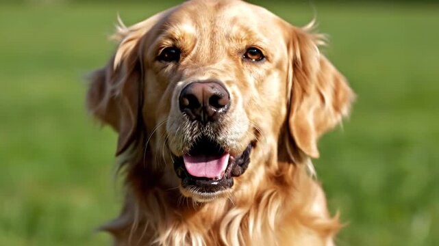 Happy Golden Retriever dog panting in green grass outdoors