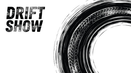 Black and white graphic design element with drift show text and circular brush stroke pattern on white background © Saharia
