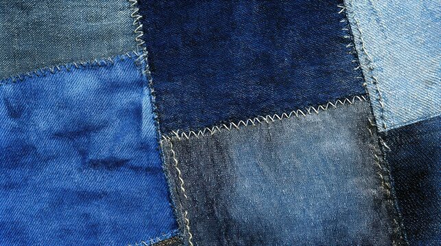 Patchwork denim, macro showing stitching joining different shades of old jeans fabric, upcycled