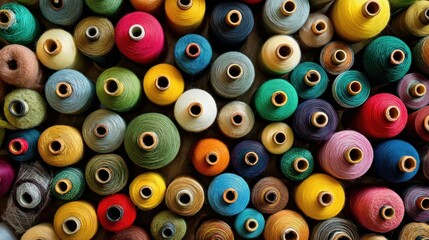 Fototapeta premium Colorful thread spools fill the background, seen from above.