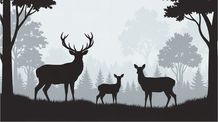 Deer family standing together in a serene forest landscape view illustration