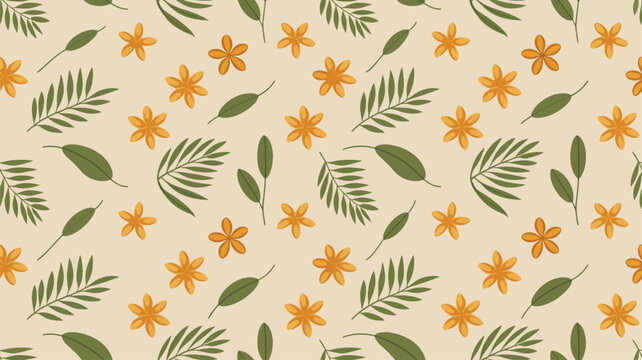 Seamless tropical pattern featuring stylized green palm fronds and charming orange-yellow hibiscus flowers scattered across a beige canvas.