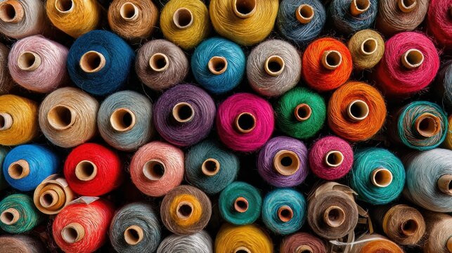 Colorful thread spools fill the background, seen from above.