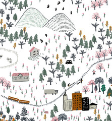 手書き風の街と山の風景