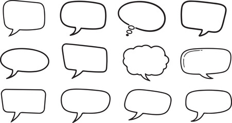 A collection of twelve different speech bubble shapes in black and white isolated on transparent background © Rana