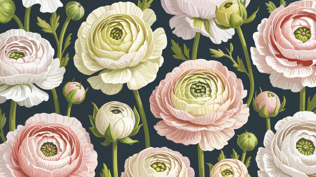 Elegant seamless floral pattern featuring various blooming ranunculus flowers and delicate buds in soft pastel shades of white, cream, and blush pink with green accents.