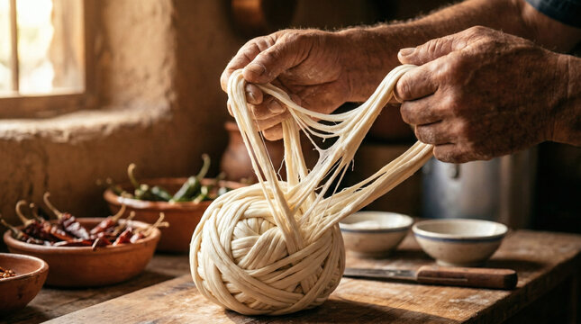 Close-Up of Hands Stretching Queso Oaxaca Cheese in Rustic Kitchen