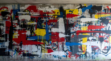 Naklejka premium Abstract urban graffiti wall with colorful paint drips on concrete