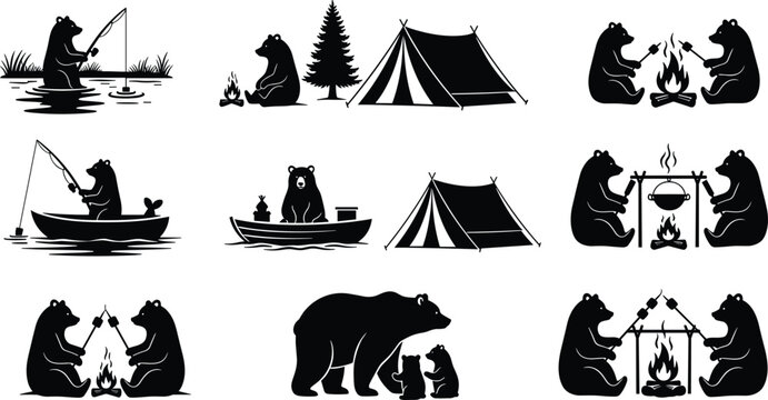 Black silhouette collection of bears camping, fishing in boats, roasting marshmallows by a campfire, and sitting near tents in nature.