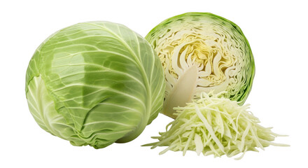 Fototapeta premium Fresh green cabbage isolated on transparent background, whole and shredded