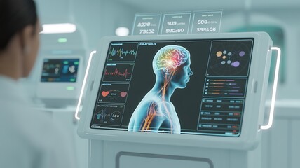 Doctor Viewing Brain Scan on Futuristic Medical Tablet in Hospital