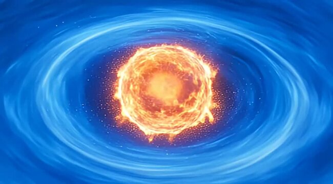 Vivid cosmic illustration of a swirling blue vortex surrounding a fiery orb
