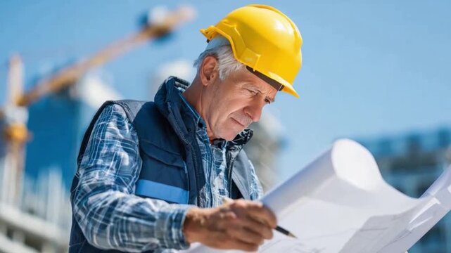Construction Plan in Hand: A seasoned construction worker, clad in a safety helmet, meticulously reviews detailed blueprints on a bustling construction site.
