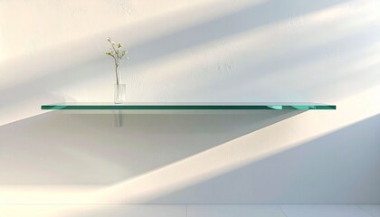 Transparent Glass Floating Shelf on Clean Wall with Soft Daylight, Minimalist Modern Interior Background