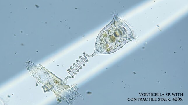 Microscopic Vorticella with Contractile Stalk Underwater