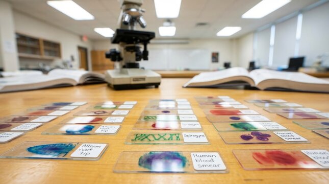 Microscope and Slides in a Science Classroom Lab