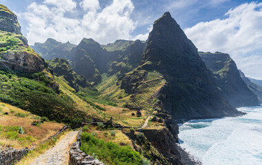Fototapeta premium Epic Mountain Trail and Volcanic Cliffs Overlooking the Atlantic in Santo Antão